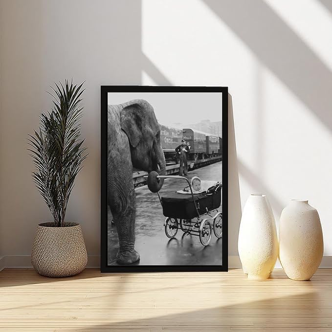 UXCBIA Elephant Pushing A Baby Carriage, London 1950, Black And White Vintage, Funny Animal Poster Canvas Poster Bedroom Decor Sports Landscape Office Room Decor Gift Black Frame 16x24in(40x60cm) - Image 6