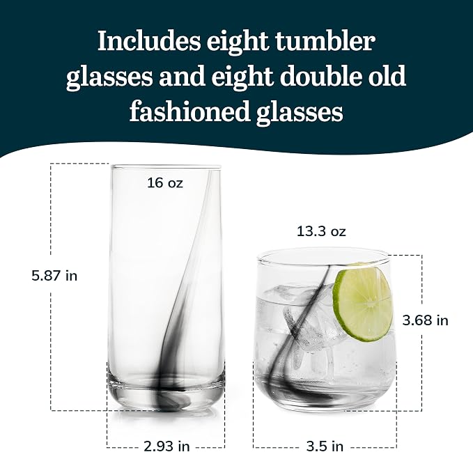Libbey Ascent Black Ribbon Tumbler and Rocks Drinking Glasses Set of 16, Glass Drinking Glasses with Curvature, Versatile Glassware Set for Daily Use - Image 3