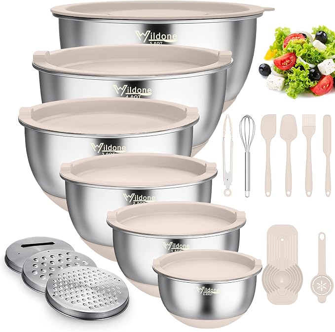 Wildone Mixing Bowls with Airtight Lids, Stainless Steel Mixing Bowls Set | Metal Bowls with 3 Grater Attachments & Non-Slip Bottoms, Size 5, 4, 3, 2,1.5, 0.63QT, Includes Utensil Set for Prep, Khaki by Wildone