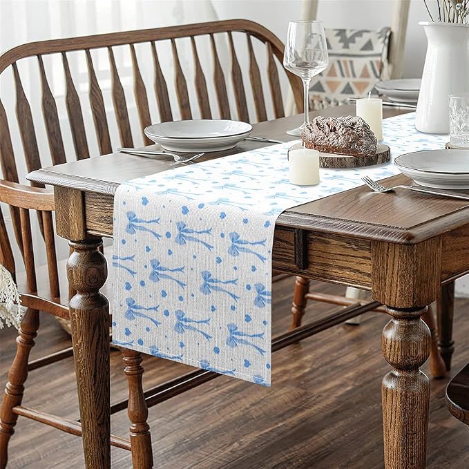 Coquette Bows Table Runner 13" x 108" Blue Watercolor Bow Kitchen Dining Table Decor for Home Party Sweetheart Home Decor for Living Room Dresser Scarfs Dresser Runners Cute Bowknot Table Decoration - Image 4