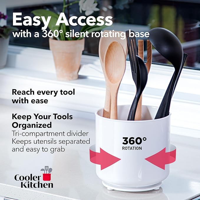 Cooler Kitchen Jumbo XL Rotating White Plastic Utensil Holder Caddy with Sturdy No-Tip Weighted Base, Removable Divider, and Gripped Insert - Dishwasher Safe Kitchen Utensil Holder for Countertop - Image 2