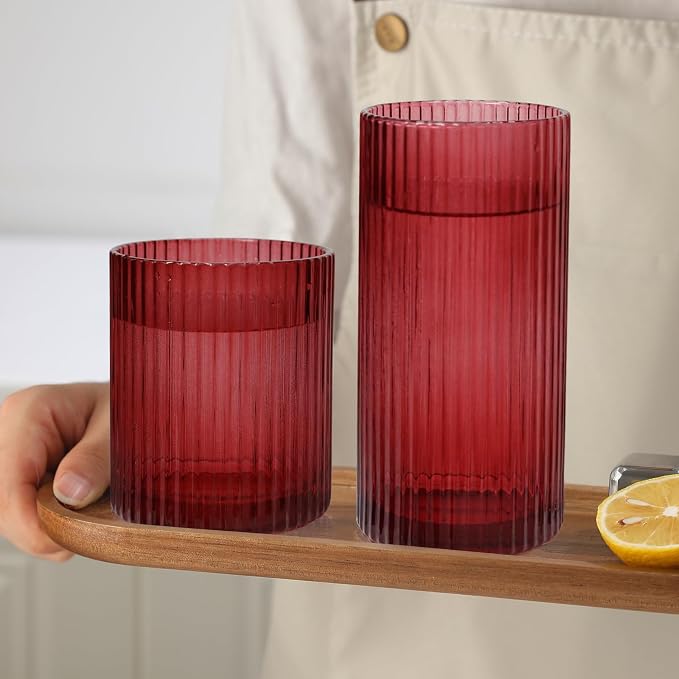 Ribbed Drinking Glasses 8pcs, 12oz and 10oz Glassware, Tumbler Glasses Cup Set for Wedding, Party, Christmas Gift, Red - Image 5