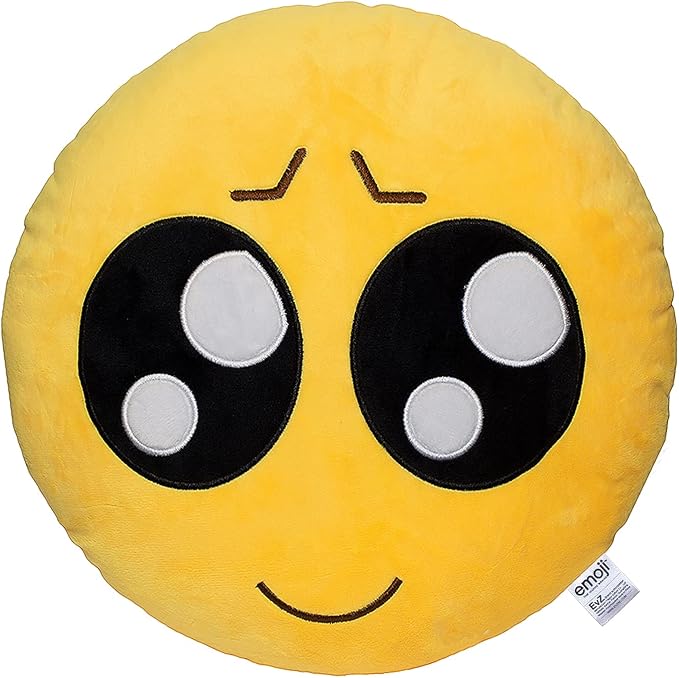 EvZ Official Certified Playcute Emoji Pillow - 32cm Large Soft Plush Pleading Face Emoticon Cushion - Cute Innocent Big Eyes Decorative Stuffed Toy for Kids, Girlfriend & Kawaii Room Decor (Yellow) by EvZ