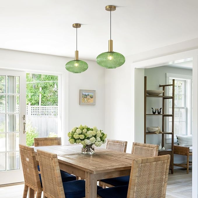 KCO Gold Brass 11.8” Large Vintage Green Ribbed Fluted Glass Pendant Light | E26 Adjustable Lantern Hanging Light for Sloped Ceiling Mid Century Modern Ceiling Light for Kitchen Island Sink Dining Room - Image 5