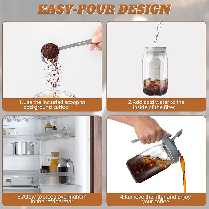 Cold Brew Coffee Maker, 32 oz Wide Mouth Mason Jar Pitcher with Stainless Steel Filter, Pour Spout Handle Lid, Heavy Duty Glass Airtight & Leak-Proof Pitcher for iced coffee & Tea Lemonade