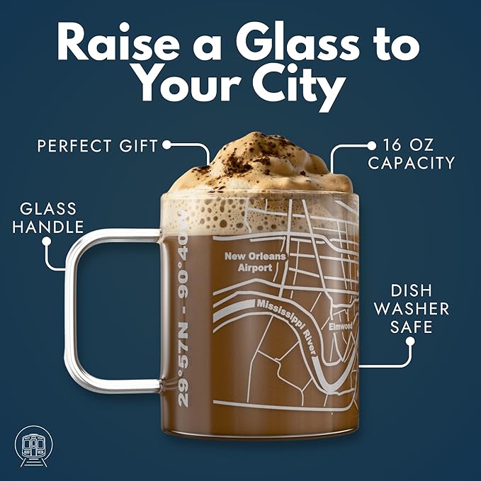 Greenline Goods – New Orleans, LA Map Glass Coffee Mugs (Set of 2), 16 oz – Etched Wrap Design