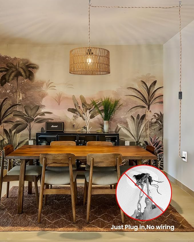 12.6 Inch Boho Hanging Light with Plug in Cord Rattan Hanging Lamp Hand Woven Rattan Wall Lightfor Bedroom, Living Room, Kitchen, Nursery, E26 Base, Indoor,Without Bulb - Image 6