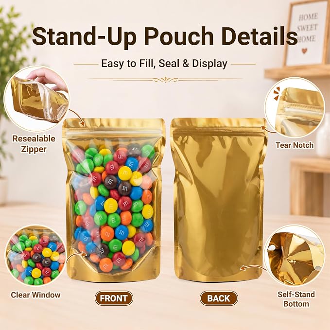 ANZNKU 100PCS Mylar Bags Resealable Small Smell Proof Bags(Gold, 3.5x5) | Stand Up Foil Pouches Clear Window, Sealable Bags for Small Business Packaging Snack Party Favors Candy Treats Food Storage - Image 4