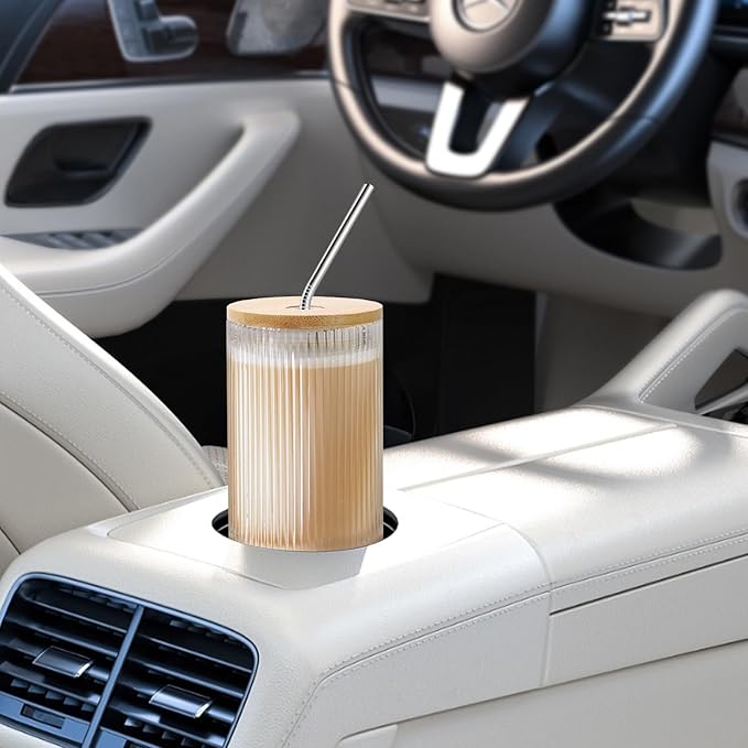 16oz Glass Cups with Lids and Straws - 4 Pack Iced Coffee Cups, Clear Tumbler with Bamboo Lid & Straw, Reusable Ribbed Glassware for Matcha, Smoothie, Cocktail,Juice