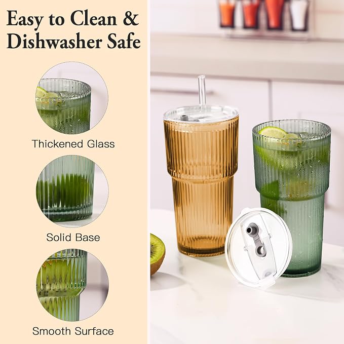 4PCS Colored Ribbed Glass Cups with Lids and Straws, 20oz Vintage Drinking Glasses, Aesthetic Iced Coffee Cups, Glass Tumbler for Boba, Beer, Tea, Cocktails, Ribbed Glassware Set,Colored - Image 6