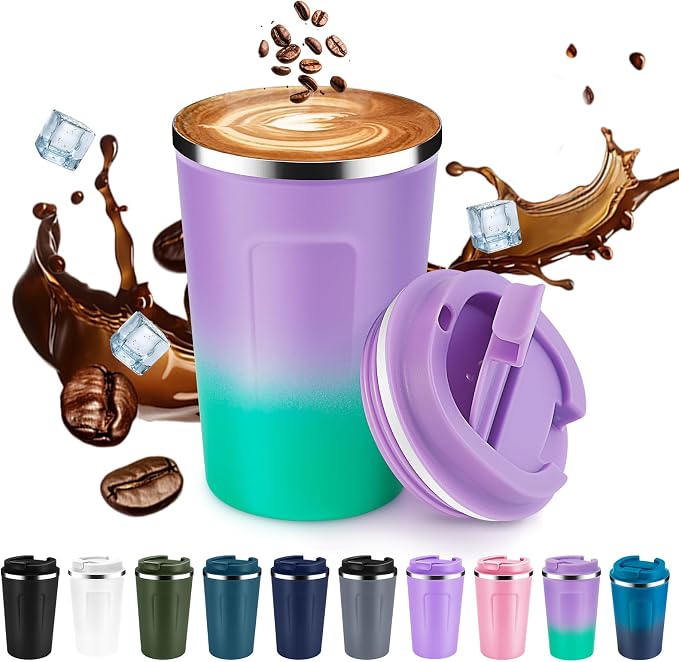 Volhoply 12 oz Double Wall Insulated Vacuum Travel Coffee Mug with Flip Lid,Reusable Stainless Steel Leak Proof Coffee Cup,Portable Iced Cafe Thermal Tumbler for Hot & Cold Drinks(Purple Green,1 Set) by LiveFully%EF%BC%8CDrinkFreely%E2%80%94KeepGoingwithVolhoply%EF%BC%81