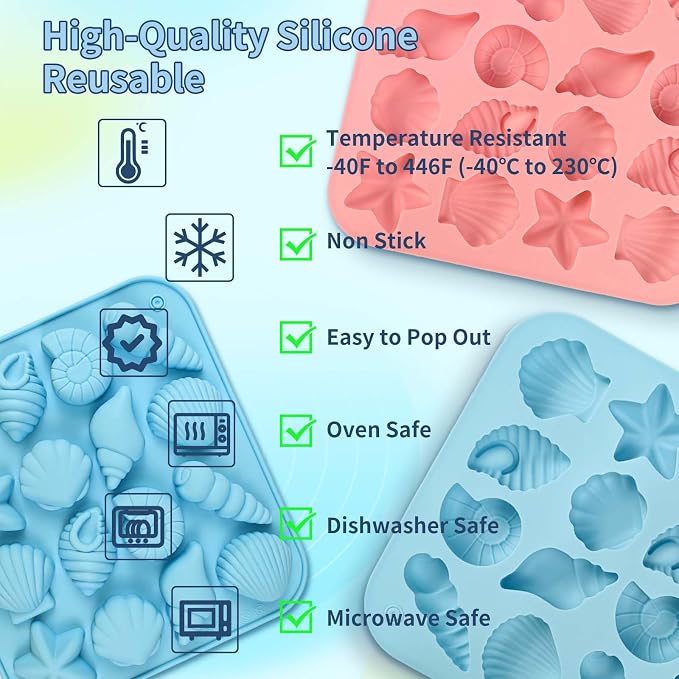 Seashell Chocolate Molds, 2 Pack Ocean Themed Silicone Baking Molds | Non-Stick Shell, Starfish, Conch Candy Mold for Cake Decoration, DIY Crafts, Snacks, Party Treats, Beach-Themed Decora - Image 5