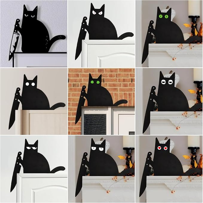 2025 New Year Gift - Cute Metal Door Topper Love You Bye Over Door Frame Decor Corner Sign Black Ornaments Wood Decorations Funny Christmas (Green Hollow Eyes Cat) - Image 3