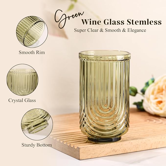 Green Vintage Drinking Glasses Set of 6-17oz Hand-Blown Highball Ribbed Glassware, Arch Design Cocktail Glasses for Whiskey Water Beverages Ice Coffee Juice Milk - Image 4
