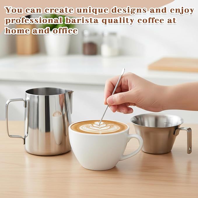 4 Pcs Espresso Accessories Kit Includes Espresso Cups with Handle, 12 oz Milk Frothing Pitcher and Latte Art Pen Stainless Steel Cappuccino Machine Accessories for Barista Coffee Bar