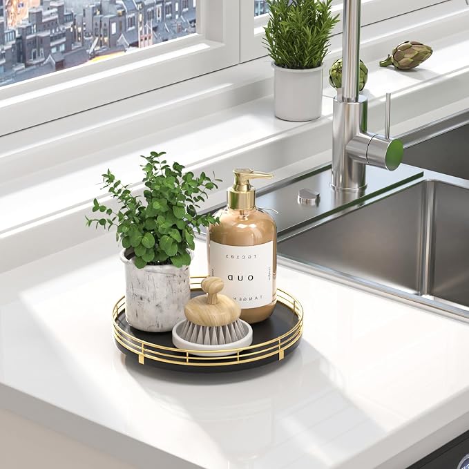 Oroyutor 9-Inch Oak Lazy Susan Vanity Tray, Gold Finish | Rotating oak tray organizes spices, toiletries and decor on kitchen counters, bathroom vanities, dining and coffee tables. - Image 4