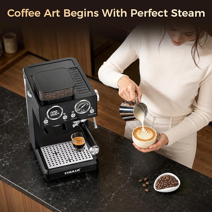 CHULUX Nero 20Bar Espresso Machine with Conical Burr Grinder for Cappuccino | Hot and Iced Espresso, 4-in-1 Brewing Function, Real-Time Pressure and Temp, Steam Wand for Microfoam, Home Barista Brewing - Image 7