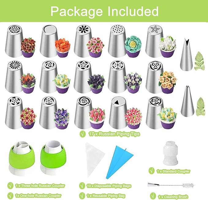 32-Piece Russian Piping Tips Set, Cake Decorating Kit with 17 Frosting Nozzles, Reusable Piping Bags, and Baking Supplies for Cupcakes, Cookies, Cakes - Idael for Bakers & Beginners