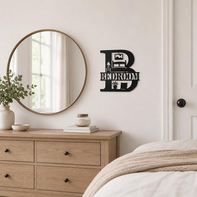 Bedroom Metal Wall Decor, Modern Farmhouse Room Sign, 14 Inch | 14-inch matte black metal BEDROOM sign with pre-drilled holes for bedrooms, guest rooms, dorms, and modern farmhouse decor. - Image 9