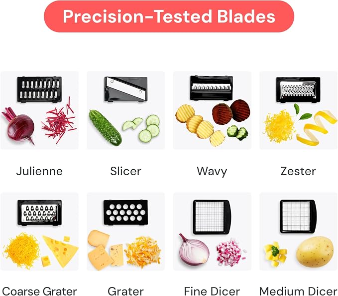 Fullstar Pro Original Vegetable Chopper & Mandoline Slicer Kitchen Gadget | 8 in 1 Veggie Slicer, Onion & Fruit Cutter with Sharp Stainless Steel Blades & Container, All-in-One Meal Prep Tool (Black) - Image 4