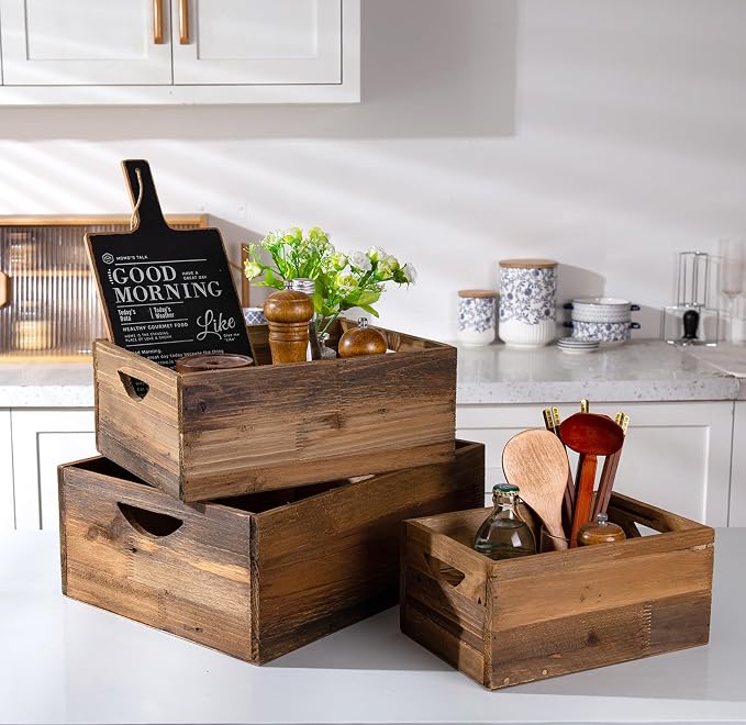 TIMRIS Set of 3 Rustic Distressed Wood Nesting Crates, Farmhouse Decorative Wooden Storage Boxes, Vintage Reclaimed Wood Baskets for Display (Natural) by TIMRIS