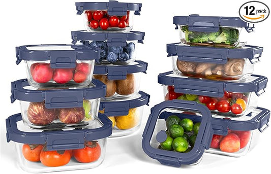 12-Pack Glass Containers with Tempered Lids – Borosilicate, Oven-Safe(-4°F~950°F), Airtight, BPA-Free, Multi-Size for Meal Prep, Dishwasher Safe, 1.6 cups to 6.4 cups (Blue) by BOROHOUSE