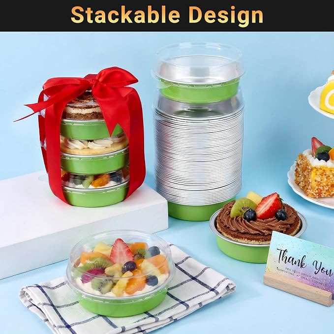 Beasea Mini Tart Pans with Lids 20 Pack, 4" 7.3oz Matcha Green Disposable Aluminum Foil Baking Tins Cups, Round Pie Container Mini Tart Pan for Individual Cupcake Dessert Muffin Cheesecake Quiche - Image 5