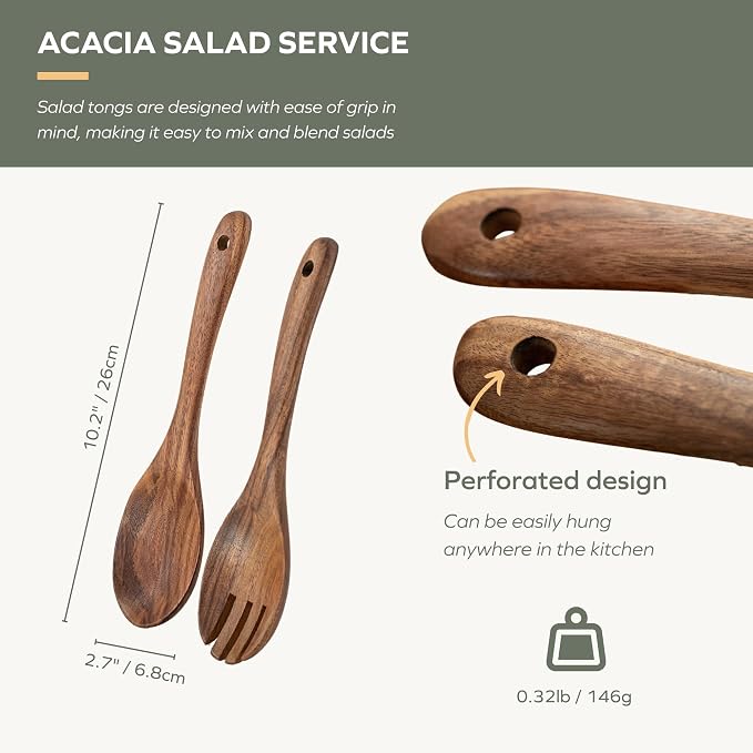 Muso Wood Acacia Salad Servers, 10-inch, Set of 2 | Wooden Salad Tongs for Serving Salad Mixes - Image 2