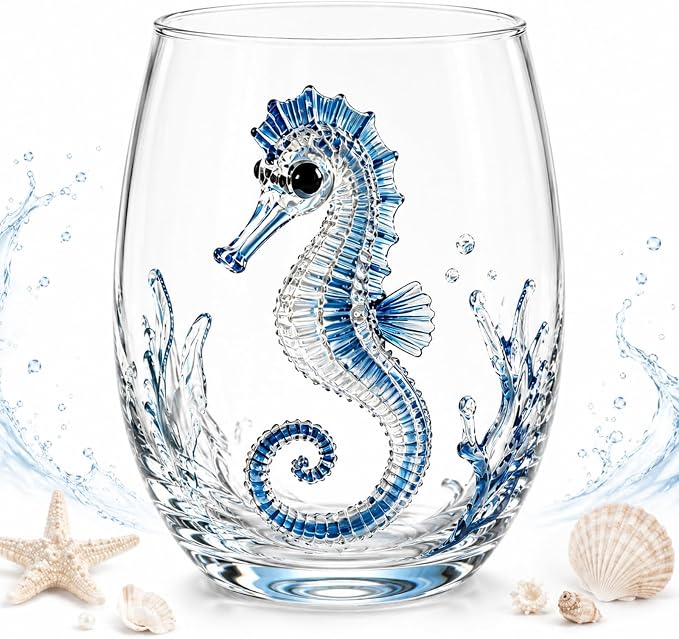 Artisanal Blue Ringed Octopus Glassware, 12oz Artisan Stemless Wine Glass (C1PC) by Unknown