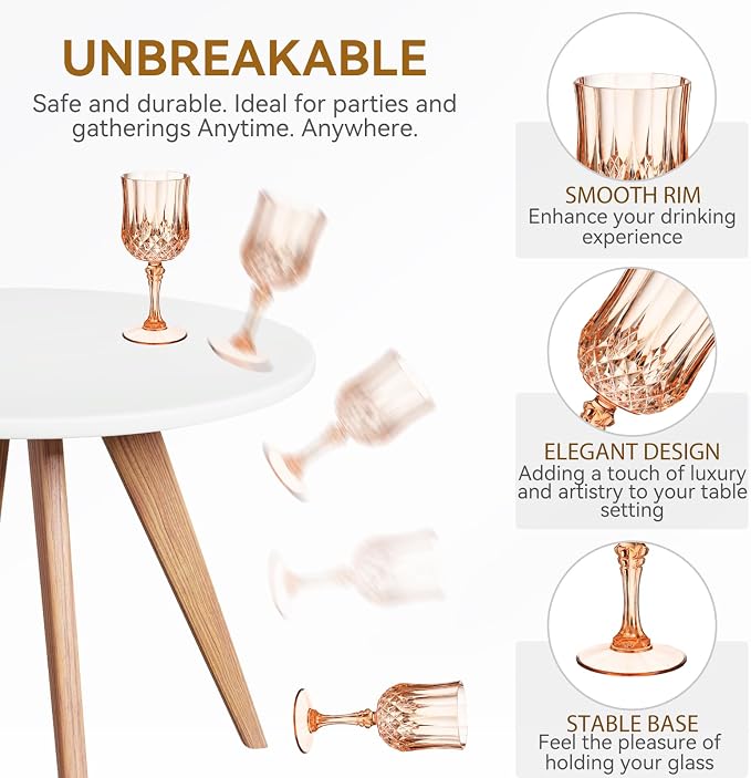 Sliner 48 Pcs 7oz Plastic Vintage Wine Glasses Drinking Goblets Unbreakable Crystal Water Glassware Reusable Diamond Champagne Flutes Cups for Wedding Banquet Birthday Party Supplies (Rose Gold) - Image 3