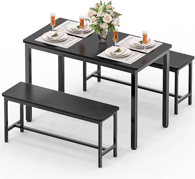 Dining Table Set for 4, Kitchen Table with 2 Benchs, Black | Modern Functional 3 Piece Space-Saving Dining Room Table Set for Apartment, Breakfast Nook, Small Space by FAVSH