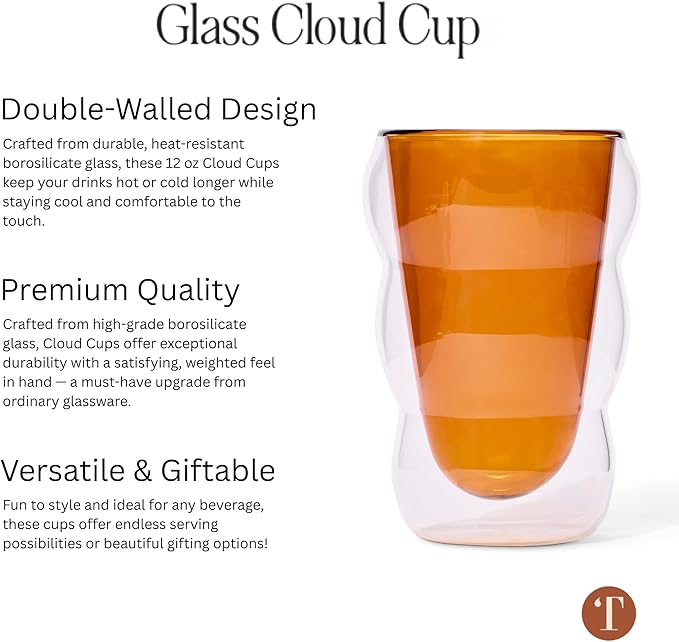 Teaspressa Pink Glass Cloud Cup 12 oz Double-Wall Insulated Borosilicate Glass – Heat-Resistant – Ideal for Hot or Iced Tea, Lattes, Coffee & More – Minimalist Design – Great Gift