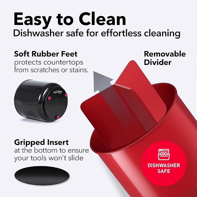 Extra Large Rotating Red Utensil Holder with Sturdy No-Tip Weighted Base, Removable Divider, and Gripped Insert | Rust Proof and Dishwasher Safe Kitchen Utensils Holder by Cooler Kitchen 7*7 Inches - Image 3