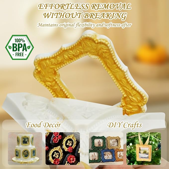HKNMTT Picture Frame Molds Silicone Baroque Vintage for Fondant Candy Clay Covered Oreo Cake Photo Decorating Cupcake Toppers, 4 Shaped Round Square Frame Moulds Craft DIY Supplies Set - Image 4