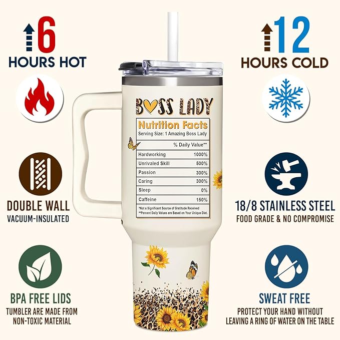 Boss Lady Tumbler 40oz with Handle - Sunflower Gifts for Women, Administrative Professional Day, Christmas - Thank You Gift for Manager