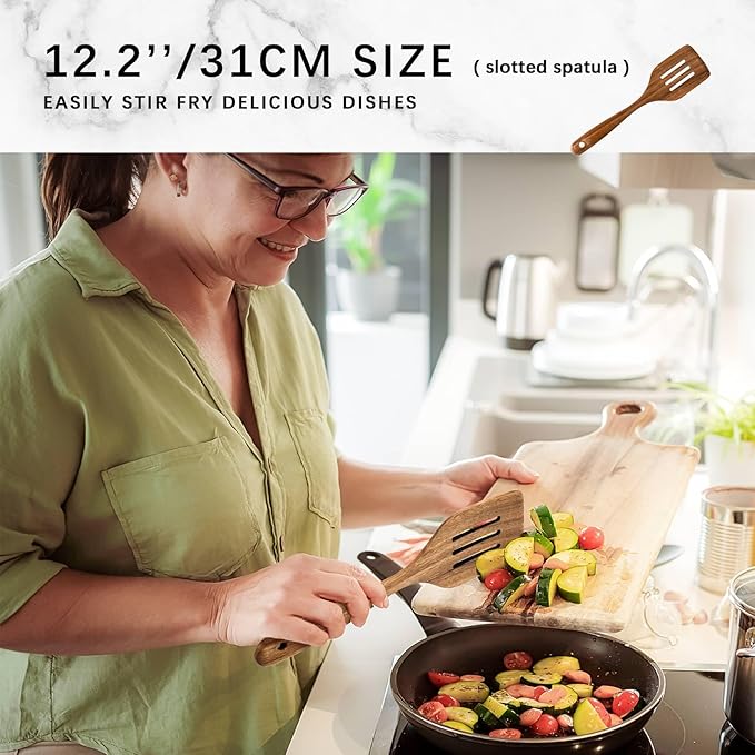 Wooden Spoons for Cooking, 9-Piece Acacia Wood Cooking Utensil Set | Spoons and spatulas stir, mix, flip and serve; balanced handles offer control while staying gentle on nonstick cookware. - Image 3