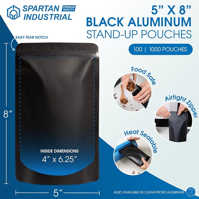 5" X 8" Matte Black Stand-Up Pouch Bags - 1000 Count Smell-Proof Mylar Bags | With Heat Sealable Opening and Resealable Zipper - Spartan Industrial - Image 2