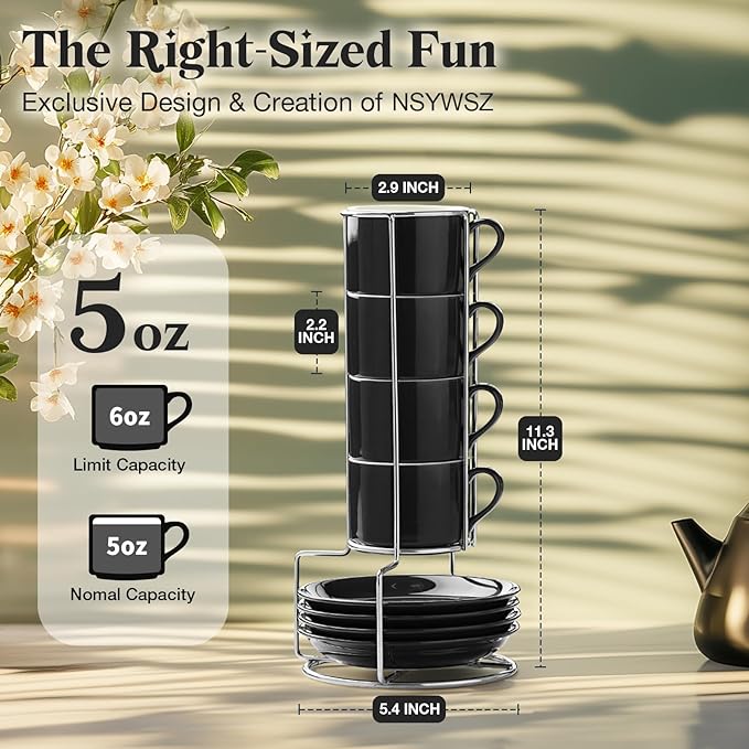 5 Ounce Black Porcelain Stackable Espresso Cups with Stainless Steel Holder, Set of 4, Durable Ceramic, Perfect for Home, Office or Gift