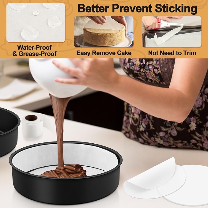 E-far 9.5 Inch Cake Pans Set of 2, Nonstick Stainless Steel Small Round Baking Pans with Parchment Paper & Side Liner Roll, Stainless Steel Core & Non-toxic Coating, Straight Side & 2 Inch Deep - Image 5