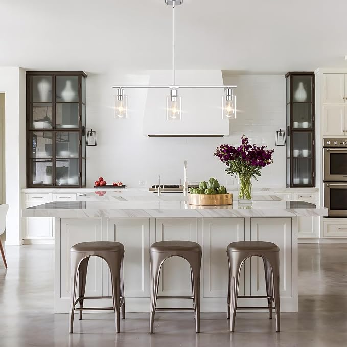 Kitchen Island Lighting, 3 Lights Linear Chandeliers Rectangle Pendant Light Fixtures for Dining Room Farmhouse Hanging Light with Glass Shades(Chrome) - Image 7