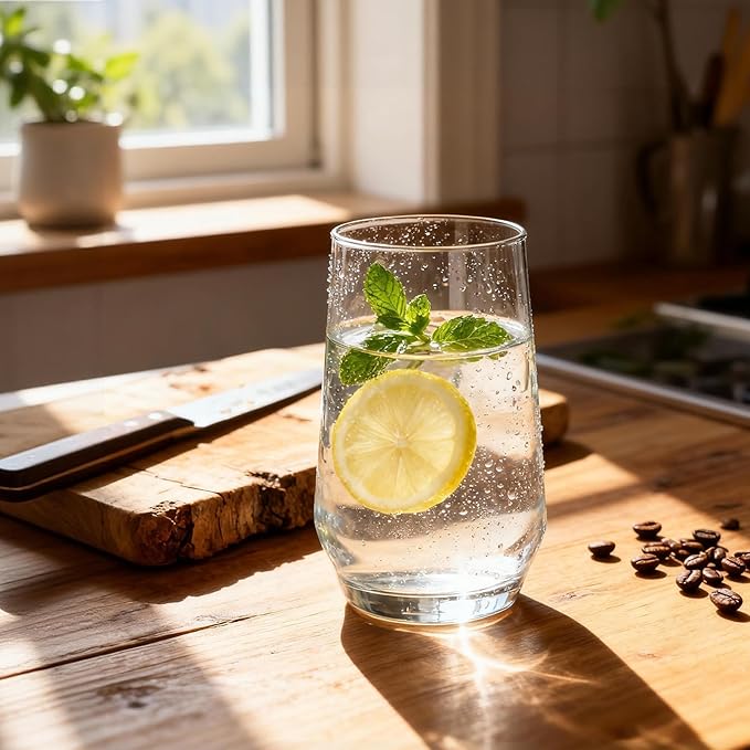 Drinking Glasses Set of 6, 16.4oz Highball Glasses, Crystal Clear Tall Glass Cups for Cocktail, Juice, Iced Tea, Mojito and Smoothies, Clear Glassware Set