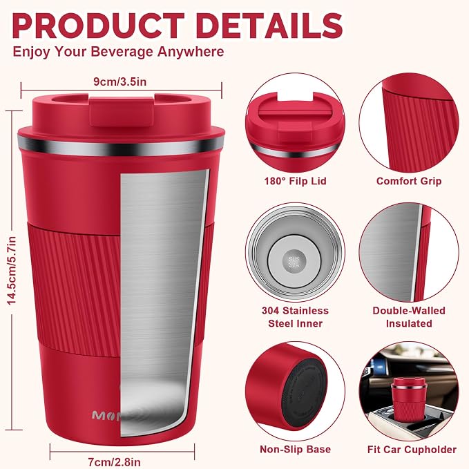 MOMSIV 12oz Travel Mug, Insulated Coffee Cup with Leakproof Lid, Vacuum Stainless Steel Double Walled Reusable Tumbler for Hot and Cold Water Coffee and Tea | 6-Hour Heat Retention, 360°Leak proof, Vacuum Stainless Steel Double Walled, BPA-free, Reusab... - Image 2