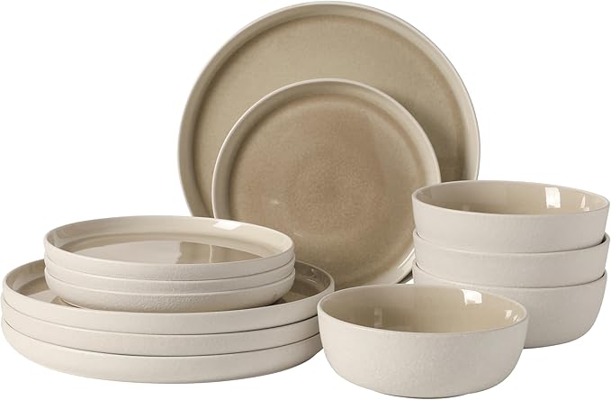 Gibson Elite Tahoe Sunset 12-Piece Reactive Stoneware Dinnerware Set – Matte Exterior & Shiny Interior Plates and Bowls, Durable Everyday Dish Set, Microwave & Dishwasher Safe - Taupe by GibsonHomewares