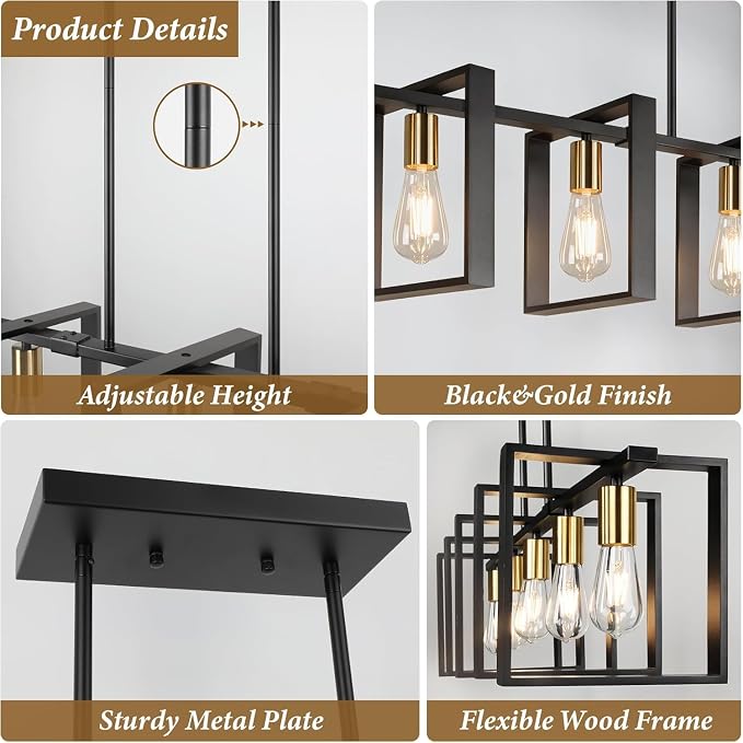 5-Light Black Gold Dining Room Light Fixture, 53’’ Farmhouse Wood Chandelier Kitchen Island Lighting Over Table, Modern Black Rectangular Hanging Pendant Light Fixture for Living Room, E26 Sockets - Image 4