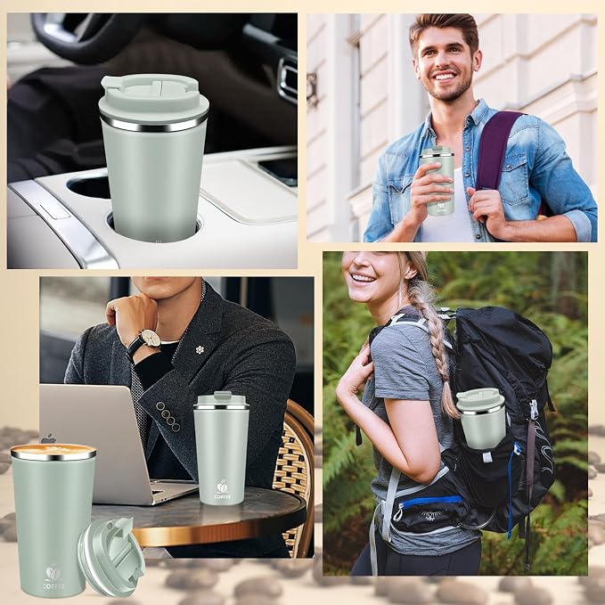 Insulated Travel Coffee Mug Reusable Coffee Tumbler Cup with Flip Lid Leak Proof Spill Proof for Office School Party Camping Hot and Cold Drink,Stainless Steel 17oz (Agave Green) - Image 6