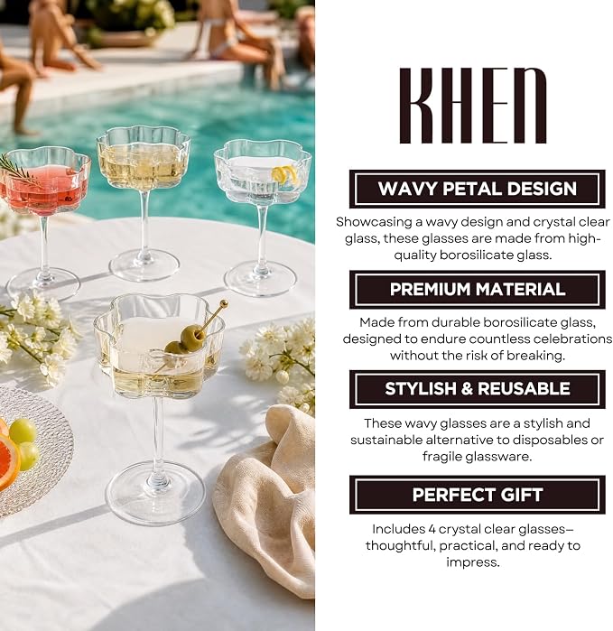 Flower Scalloped Vintage Wavy Petals Wave Glass Coupes 7oz Colorful Martini, Champagne & Cocktails, 4 Set Clear Rippled Champagne Glasses, Elegant Bar Glassware, Unique Aesthetic Coupe Glassware Gifts - Image 5