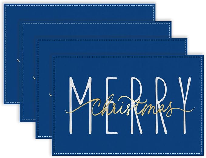 ONWAY Merry Christmas Gold Placemats 12x18 Inch Set of 4 Xmas Winter Holiday Place Mats for Home Party Kitchen Dining Table Decorations Blue by ONWAY