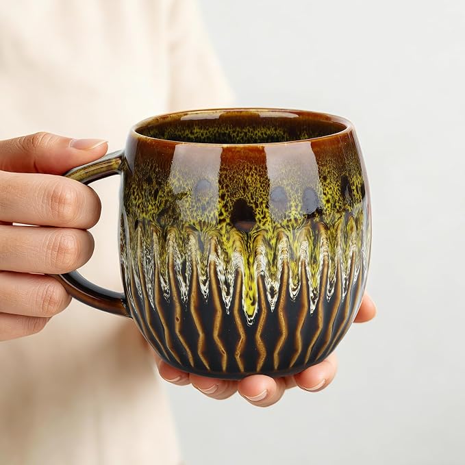 20oz Large Ceramic Coffee Mugs Unique Big Pottery Coffee Mug Microwave Safe Cool Stoneware Cup for Tea Latte Oversized Mug With Handle for Home Yellow Wide Clay Mugs for Men Fancy Handmade Ceramic Cup by Unknown