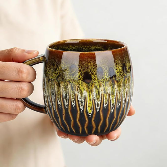 20oz Large Ceramic Coffee Mugs Unique Big Pottery Coffee Mug Microwave Safe Cool Stoneware Cup for Tea Latte Oversized Mug With Handle for Home Yellow Wide Clay Mugs for Men Fancy Handmade Ceramic Cup by Unknown