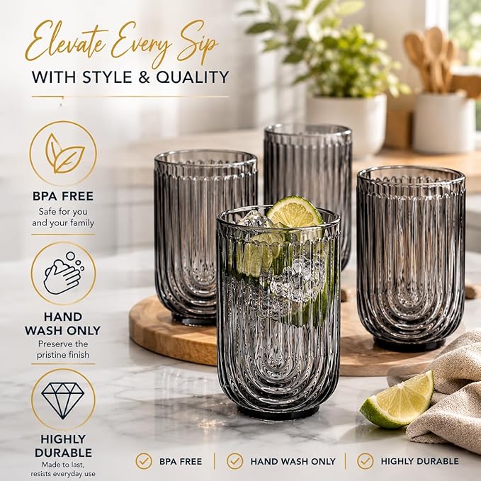 Glaver's Vintage Glassware - Art Deco Ribbed Drinking Glasses, U-Shape Arch Design Colored Cocktail Decorative Party Everyday Kitchen Tumblers, Hand Wash Only (Smoke S/4 17oz) - Image 3